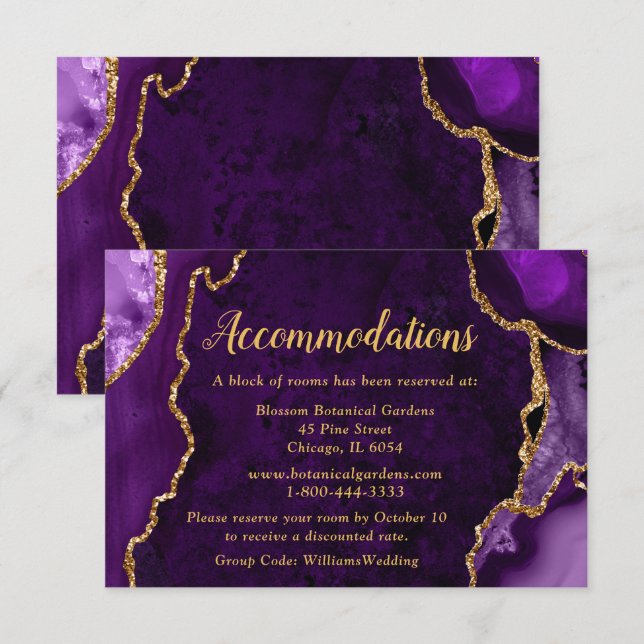 Purple and Gold Agate Wedding Accommodations Enclosure Card (Front/Back)