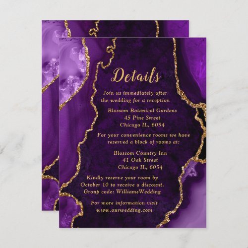 Purple and Gold Agate Wedding Details Enclosure Card