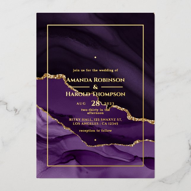 Purple and Gold Agate Wedding Foil Invitation (Front)