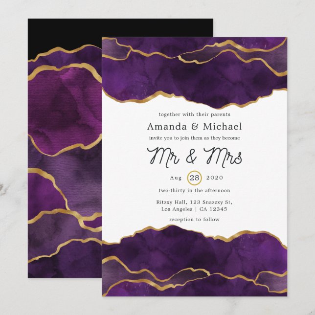 Purple and Gold Agate Wedding Invitation (Front/Back)