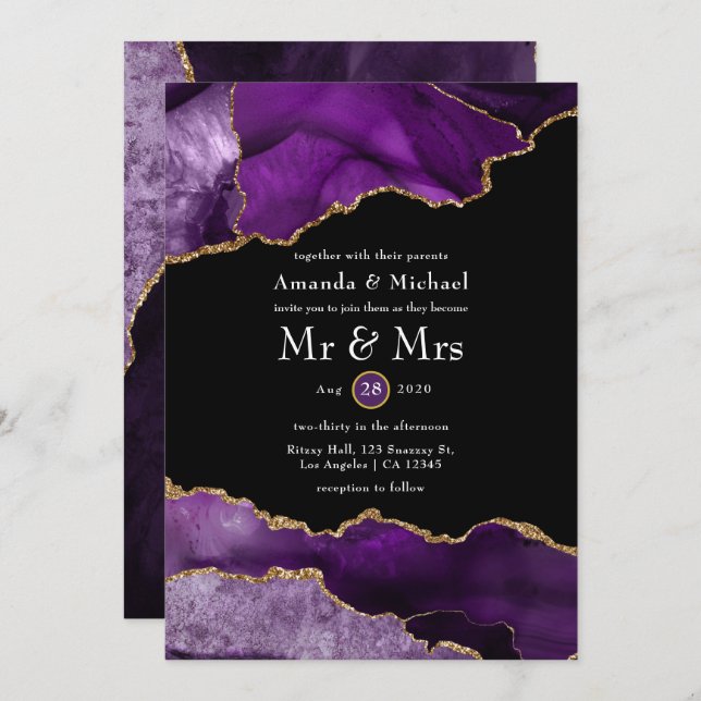 Purple and Gold Agate Wedding Invitation (Front/Back)