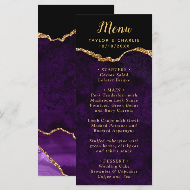 Purple and Gold Agate Wedding Menu (Front/Back)