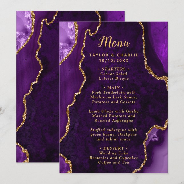 Purple and Gold Agate Wedding Menu (Front/Back)