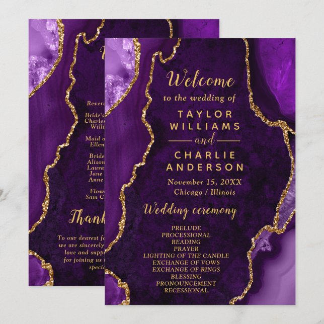Purple and Gold Agate Wedding Program (Front/Back)