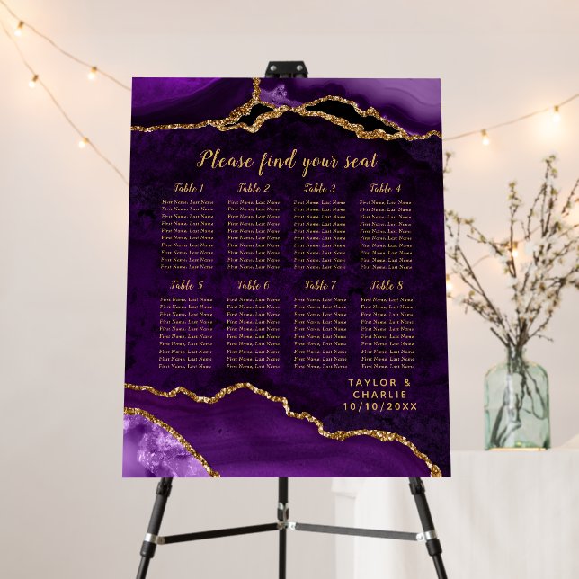 Purple and Gold Agate Wedding Seating Chart Foam Board (In Situ (Stand))