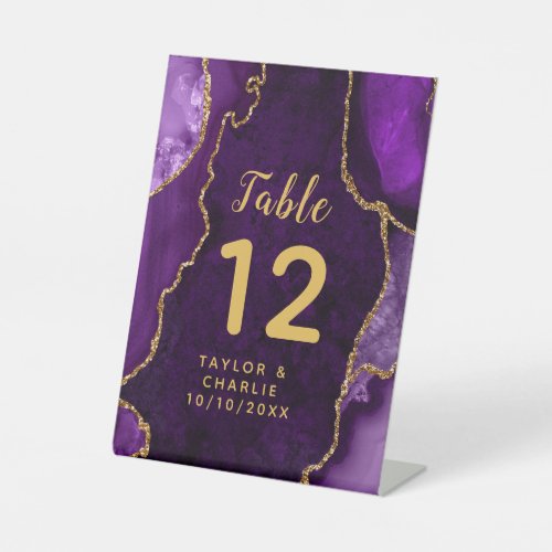 Purple and Gold Agate Wedding Table Number Pedestal Sign