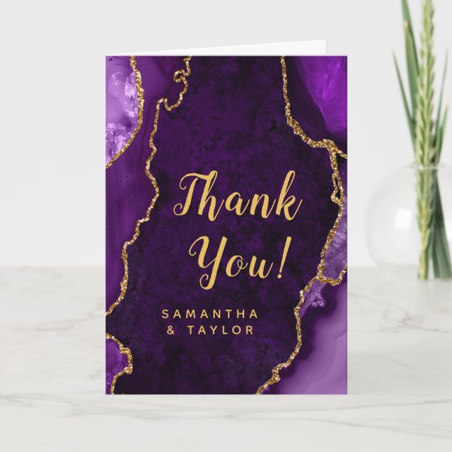 Purple and Gold Agate Wedding Thank You Card (Front)