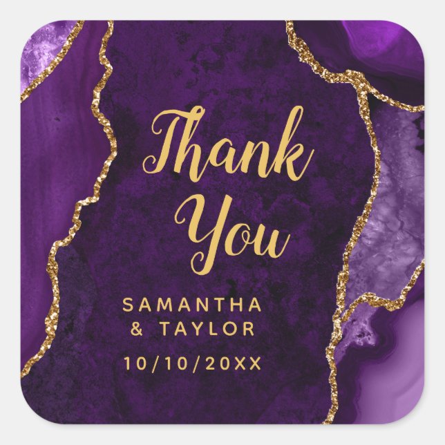 Purple and Gold Agate Wedding Thank You Square Sticker (Front)
