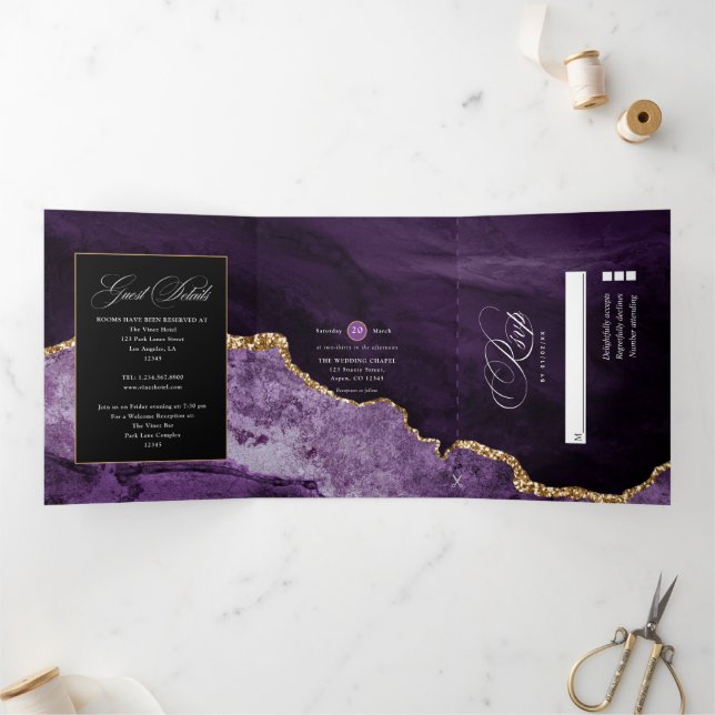 Purple and Gold Agate Wedding Tri-Fold Invitation (Inside)