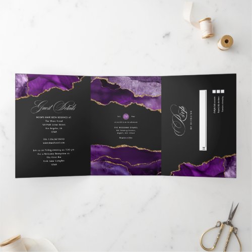 Purple and Gold Agate Wedding Tri_Fold Invitation