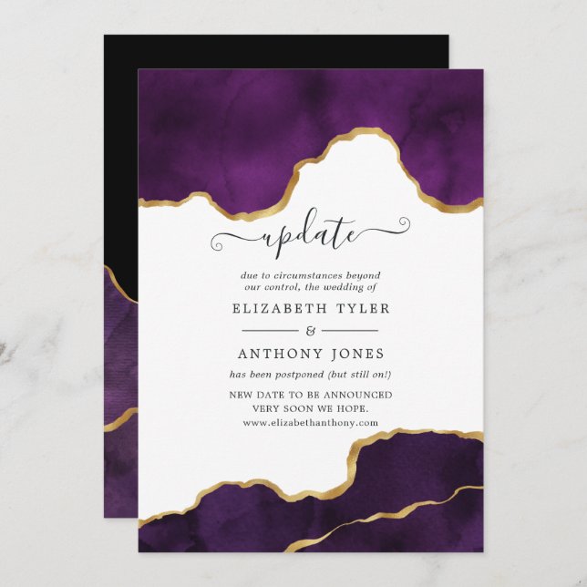 Purple and Gold Agate Wedding Update Invitation (Front/Back)