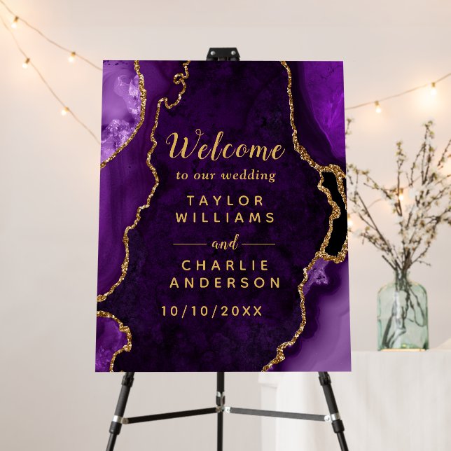 Purple and Gold Agate Wedding Welcome Foam Board (In Situ (Stand))