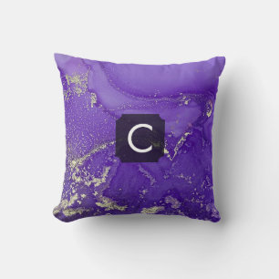 Purple and Gold Alcohol Ink Liquid Art Monogram Throw Pillow