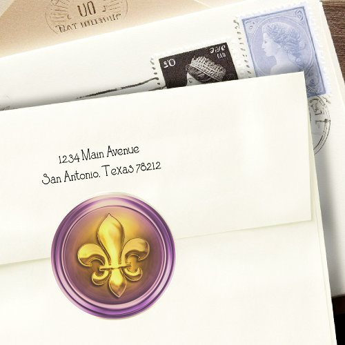 Purple and Gold and  Fleur de Lis Embossed Look Classic Round Sticker