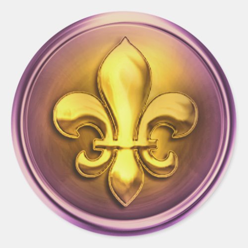 Purple and Gold and  Fleur de Lis Embossed Look Classic Round Sticker