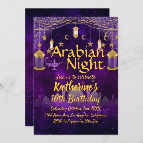 Purple and Gold Arabian Night Birthday Invitation