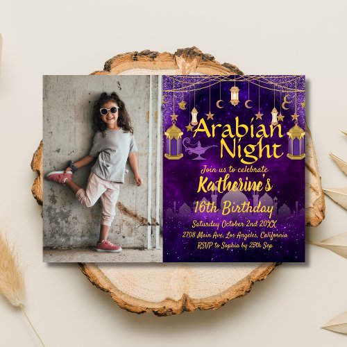 Purple and Gold Arabian Night Photo Birthday Party Invitation