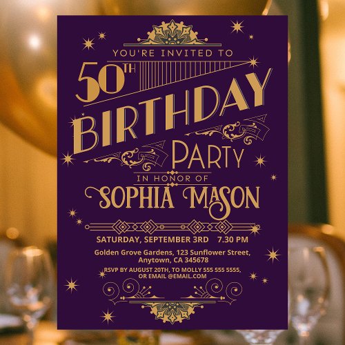 Purple and Gold Art Deco 50th Birthday Invite