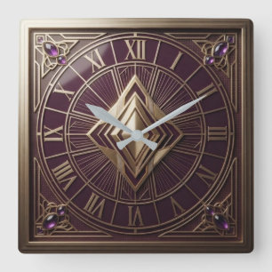 Purple and Gold Art Deco Luxury Amethyst Gemstone  Square Wall Clock