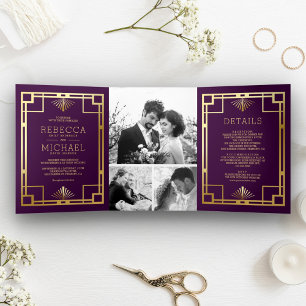 Purple and Gold Art Deco Photo Collage Wedding Tri-Fold Invitation