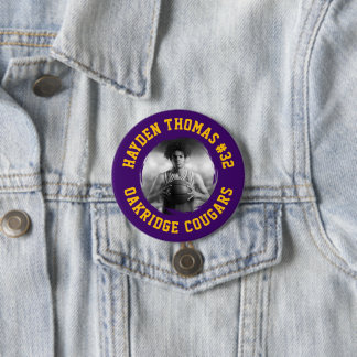 Purple and Gold Athlete Name Jersey Number Photo Button