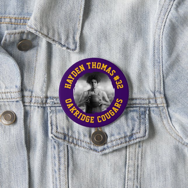 Purple and Gold Athlete Name Jersey Number Photo Button (In Situ)