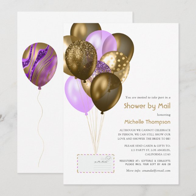 Purple and Gold Baby or Bridal Shower by Mail Invitation (Front/Back)