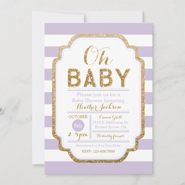 Purple And Gold Baby Shower Invitation, Baby Girl Invitation (Front)