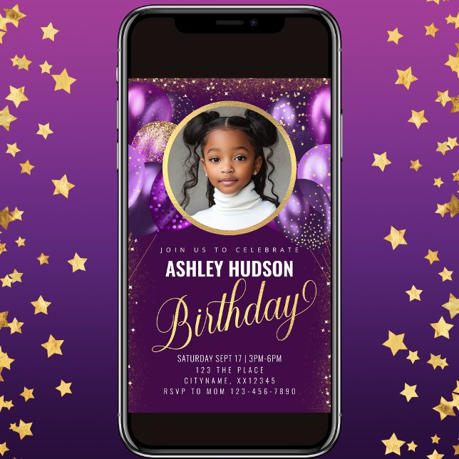 Purple and Gold Balloons Kids Birthday Invitation (Creator Uploaded)
