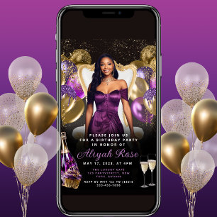 Purple and Gold Balloons Royal Birthday Invitation