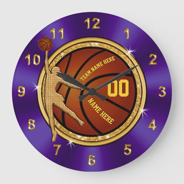 Purple and Gold Basketball Clock for Girls Team (Front)