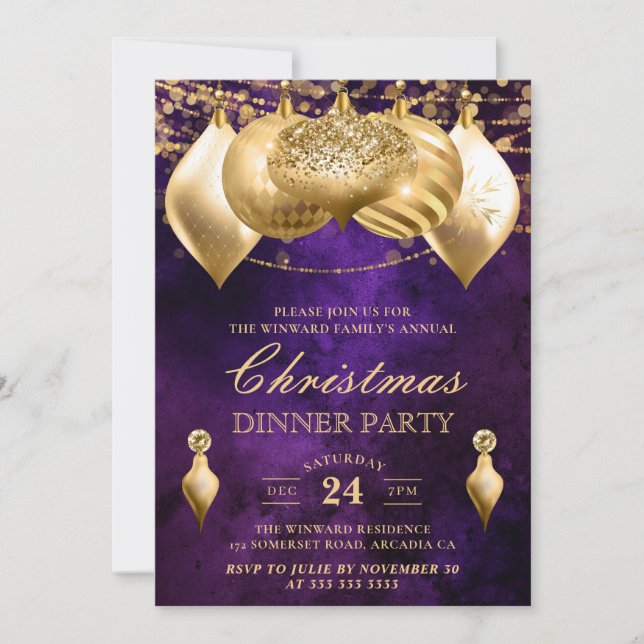 Purple and Gold Baubles Christmas Dinner Party Invitation (Front)