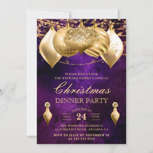 Purple and Gold Baubles Christmas Dinner Party Invitation