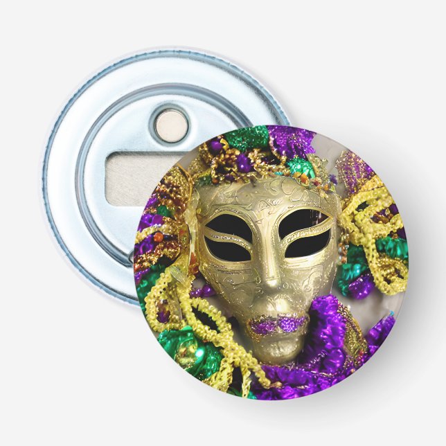 Purple and Gold Beads Masquerade Mask Mardi Gras Bottle Opener (Front)