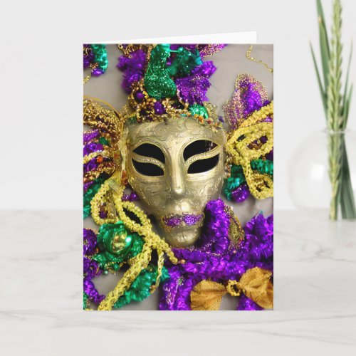 Purple and Gold Beads Masquerade Mask Mardi Gras Card