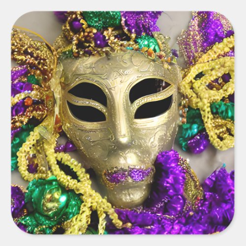 Purple and Gold Beads Masquerade Mask Mardi Gras Square Sticker