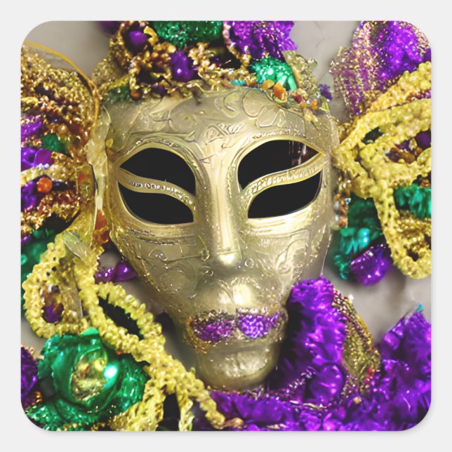 Purple and Gold Beads Masquerade Mask Mardi Gras Square Sticker (Front)