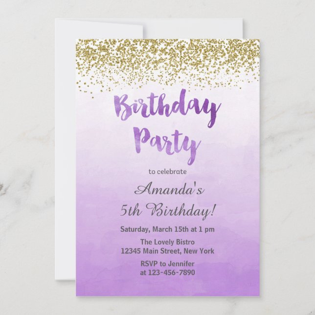 Purple and Gold Birthday Invitation (Front)