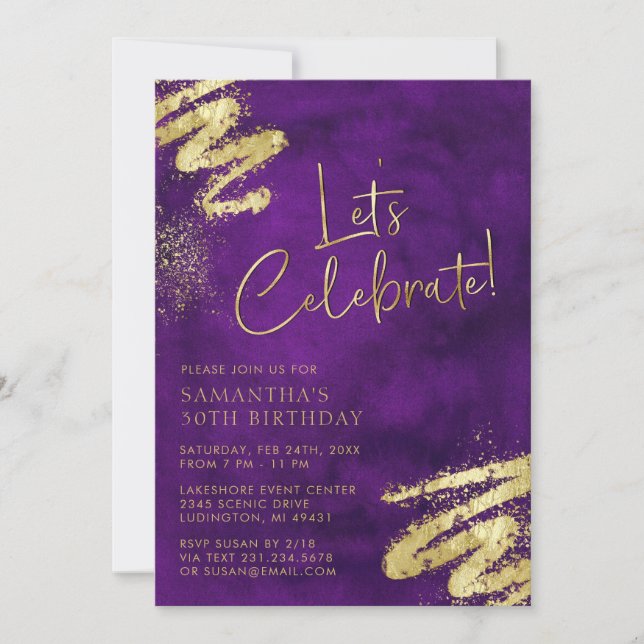 Purple and Gold Birthday Invitation (Front)