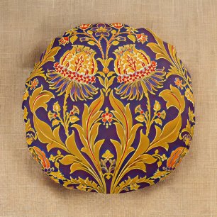 Purple and Gold Botanical Morris Inspired Floral Round Pillow