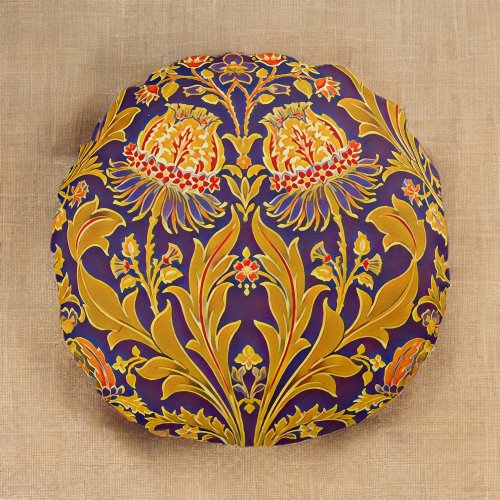 Purple and Gold Botanical Morris Inspired Floral  Round Pillow