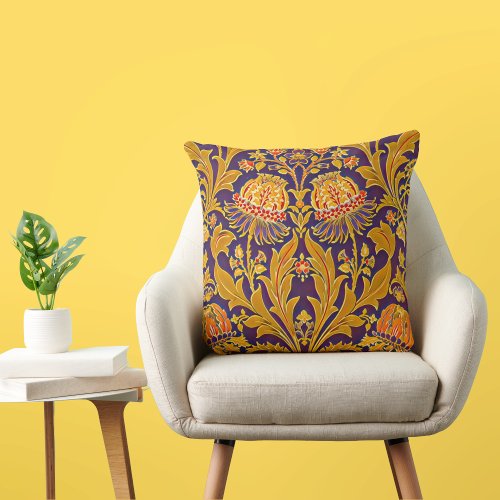 Purple and Gold Botanical Morris Inspired Floral  Throw Pillow