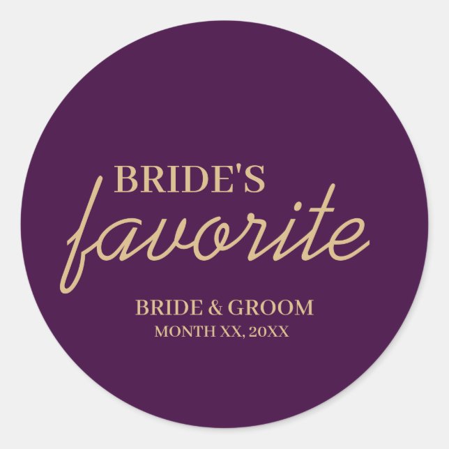 Purple and Gold Bride's Favorite Snack Wedding Classic Round Sticker (Front)