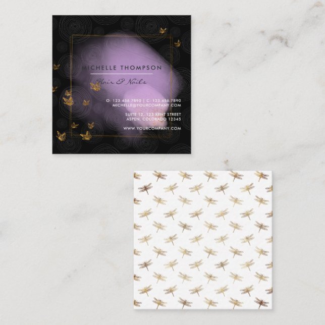 Purple and Gold Brushstrokes Doodle Square Busines Business Card (Front/Back)