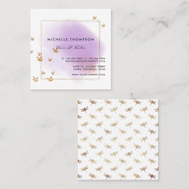 Purple and Gold Brushstrokes Doodle Square Busines Square Business Card (Front/Back)