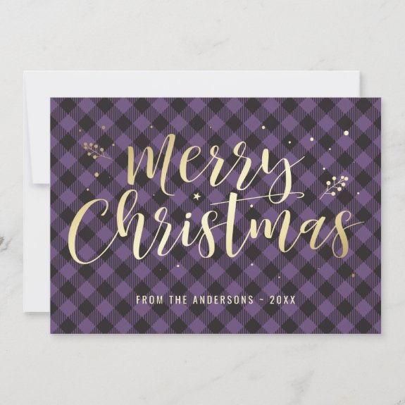 Purple and Gold Buffalo Plaid Christmas Card