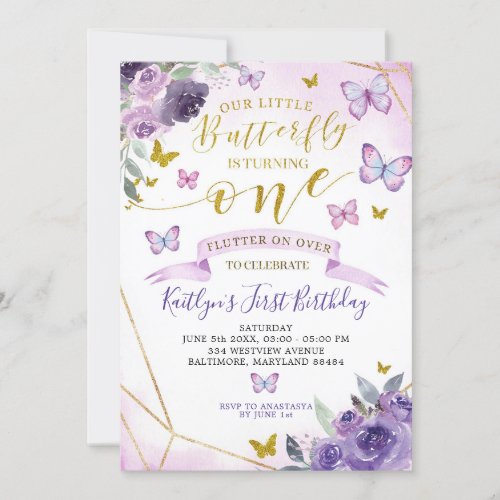 Purple and Gold Butterfly 1st Birthday Invitation