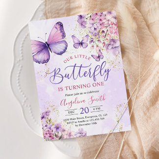 Purple and Gold Butterfly 1st Birthday Invitation