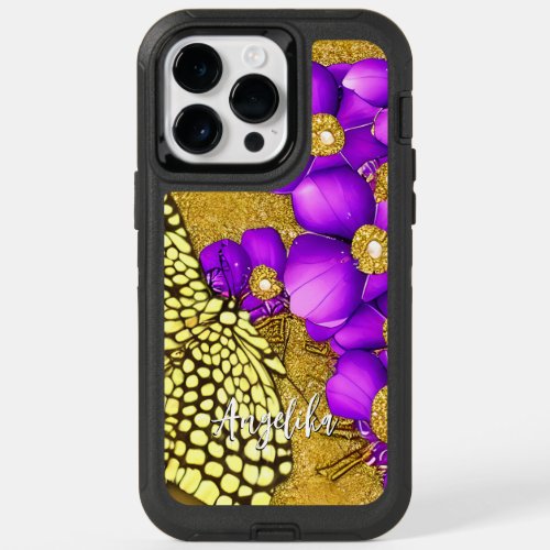 Purple and Gold Butterfly Personalized Name OtterBox iPhone 14 Pro Max Case