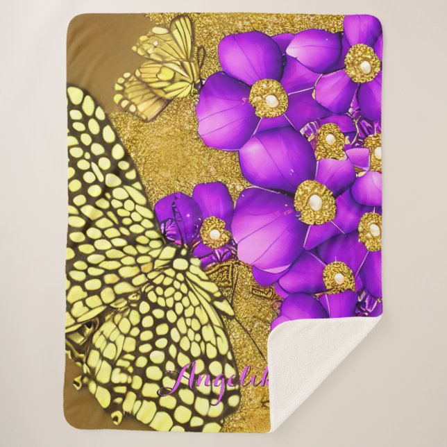 Purple and Gold Butterfly Personalized Name Sherpa Blanket (Front)